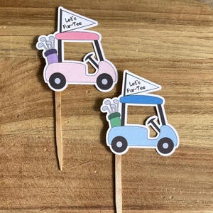 Cupcaketoppers met golfthema, 'Let's Par-Tee' cupcakedecoraties, cupcaketoppers voor golffeest, cupcaketoppers voor golfkar