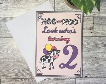 Moo Moo 2nd Birthday Invitations, Cow Theme Second Birthday Cards,Cute Cow Birthday Cards,Pack of 6 Physical Birthday invitations.