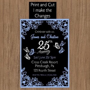 25th Wedding Anniversary Invitations,Silver Anniversary Invitation Templates,Customizable 25th Anniversary Invites,Print and Cut 25th Invite