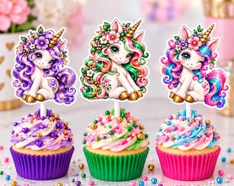 Unicorn Cupcake Toppers, Floral Unicorn Birthday Party Decorations, Magical Unicorn Cupcake Picks, Set of 12