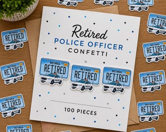 May include: A white card with the text Retired Police Officer Confetti 100 Pieces, surrounded by numerous small, rectangular blue and white paper cutouts featuring a police car graphic and the word Retired printed in black.