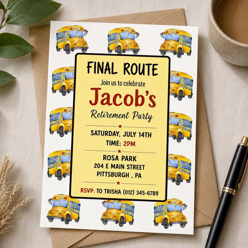 Editable School Bus Driver Retirement Invitation,printable Bus Driver ...