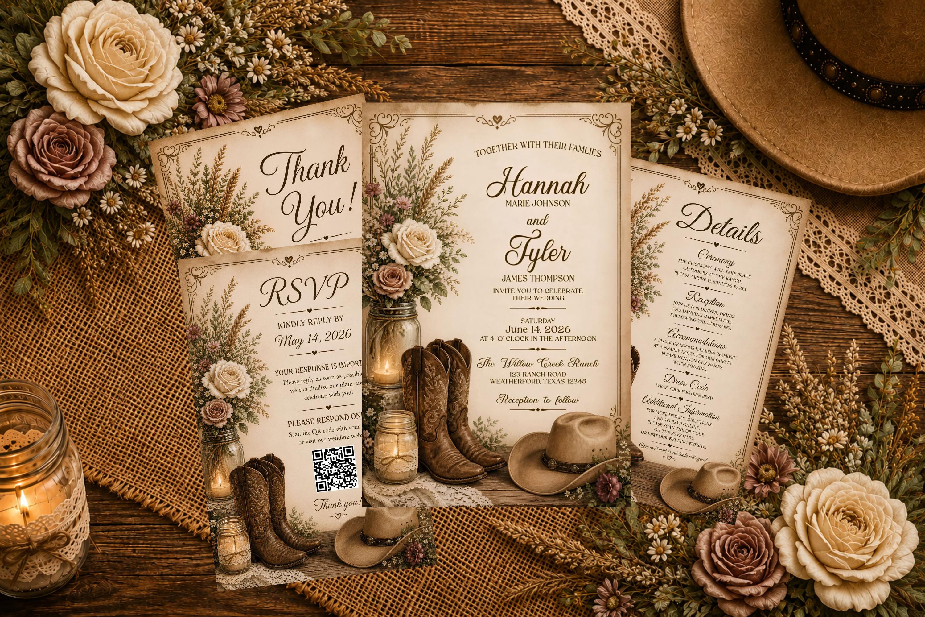 Rustic Cowboy Boots Wedding Invitations