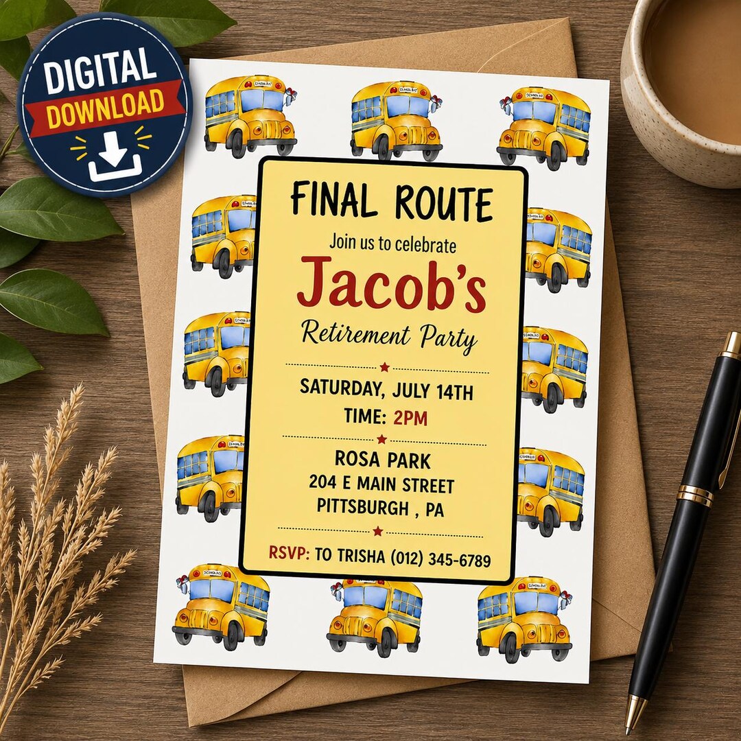 Editable School Bus Driver Retirement Invitation,printable Bus Driver ...