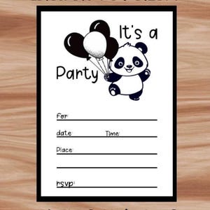 Convites para download instantâneo, convites em preto e branco, convites de aniversário de panda, convites para festas, convites para impressão, sem edição
