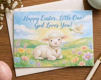 Religiöse Osterkarte für Kinder, Aquarell Lamm Osterkarte, Frohe Ostern Kleine, Gott Liebt Dich Christliche Karte, 4x6 Karte mit Umschlag