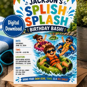 Op de afbeelding: Een rechthoekige verjaardagsuitnodiging met de tekst Jackson's SPLISH SPLASH BIRTHDAY BASH! en illustraties van kinderen in kleurrijke zwembanden op een rivier. Bevat evenementdetails voor 15 juni 2024 bij River Bend Access, 123 Adventure Way.