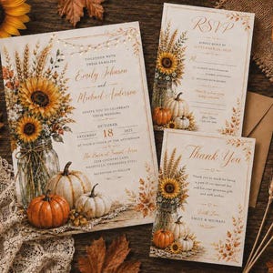 May include: A wedding invitation suite featuring a main invitation, an RSVP card, and a thank you card. The stationery displays watercolor illustrations of sunflowers, wheat, and pumpkins in mason jars, accented with string lights and autumn leaves.