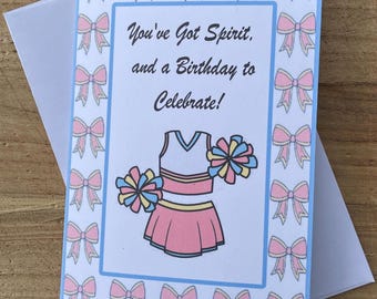 Cheerleader birthday card,Cheerleading birthday greeting card,cheerleader birthday card with pom-poms,customizable cheerleader birthday card