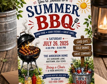 May include: A Summer BBQ invitation card featuring a charcoal grill with skewers, a metal bucket of drinks, a watermelon slice, and condiments. Text includes: You're Invited to a SUMMER BBQ, GOOD FOOD GOOD FRIENDS GREAT TIMES, SATURDAY JULY 26, 2025.