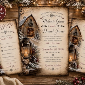 May include: A set of three rustic wedding stationery cards featuring a vintage barn, a lit lantern, and pinecones on aged paper. The text includes RSVP, wedding invitation details for Melanie Grace and Daniel James, and a Thank You note.