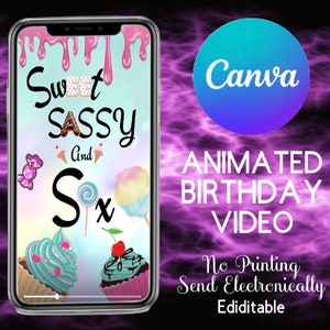 Sweet Sassy en zes video-uitnodiging, bewerkbare verjaardagsuitnodiging, snoep verjaardagsuitnodiging
