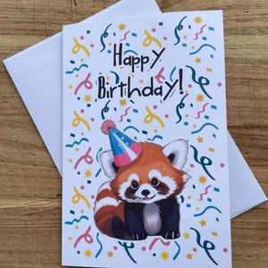Cartão de aniversário de panda vermelho, cartão de aniversário de panda, cartão de aniversário de animal, cartão de aniversário fofo, cartão de panda usando chapéu de festa