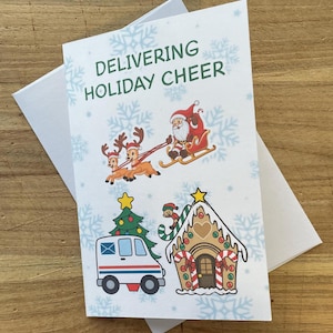 May include: A Christmas card with the text "DELIVERING HOLIDAY CHEER" and illustrations of Santa Claus in a sleigh pulled by reindeer, a postal truck, a gingerbread house, and a Christmas tree. The card is white with blue snowflakes.