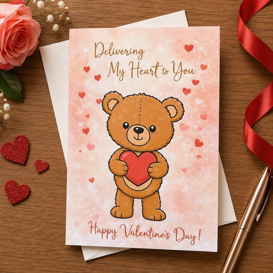 Teddy Bear Valentine’s Day Card for Kids -delivering My Heart to You ...