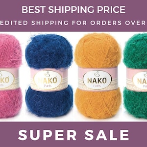 May include: Four colorful yarn skeins in pink, blue, yellow, and green. Each skein is labeled "NAKO Paris" with a pink and white label. The image includes text that reads "BEST SHIPPING PRICE" and "SUPER SALE".