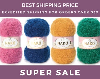 May include: Four colorful yarn skeins in pink, blue, yellow, and green. Each skein is labeled "NAKO Paris" with a pink and white label. The image includes text that reads "BEST SHIPPING PRICE" and "SUPER SALE".