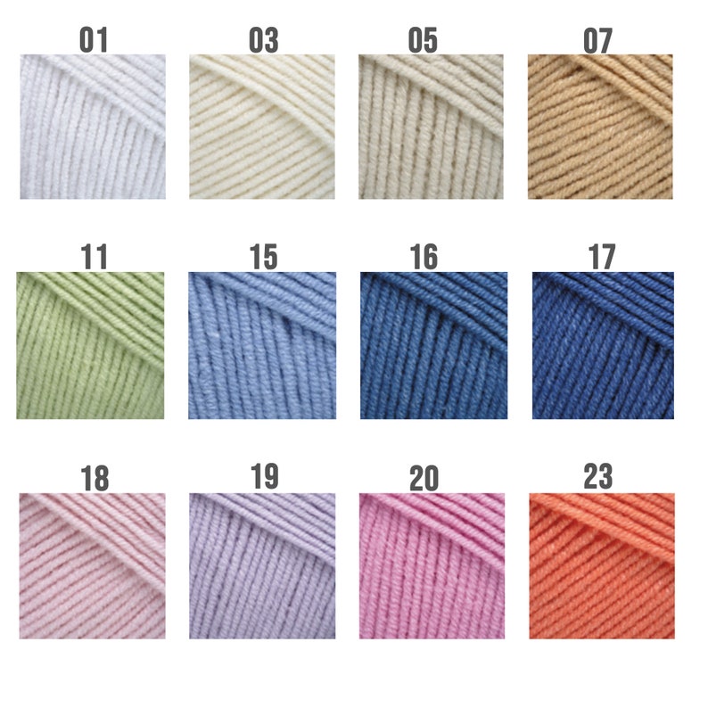 May include: A color chart of yarn samples in various shades of white, beige, green, blue, pink, and orange. The samples are labeled with numbers 01, 03, 05, 07, 11, 15, 16, 17, 18, 19, 20, and 23.