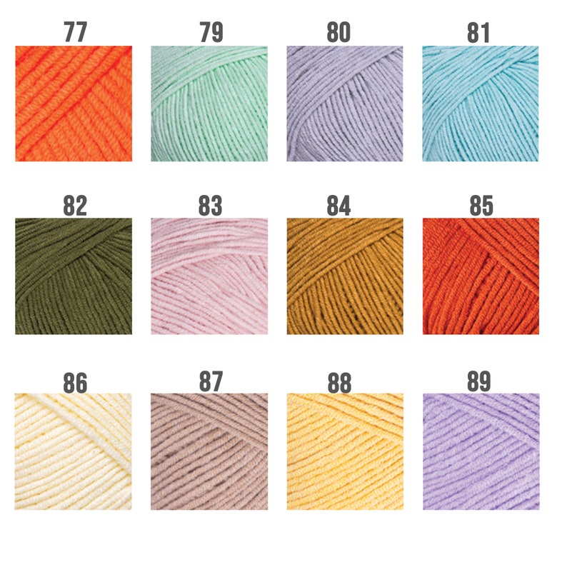 May include: A collection of 12 yarn skeins in various colors, including orange, green, pink, yellow, and blue. Each skein is labeled with a number from 77 to 89.