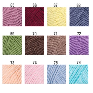 May include: A color chart of yarn samples, numbered 65 through 76. The colors include pink, red, yellow, blue, green, brown, beige, purple, peach, and light blue.