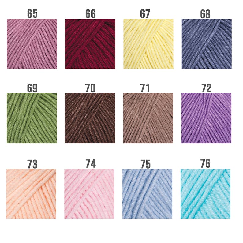 May include: A color chart of yarn samples, numbered 65 through 76. The colors include pink, red, yellow, blue, green, brown, beige, purple, peach, and light blue.
