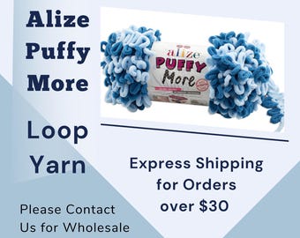May include: A skein of Alize Puffy More loop yarn in blue and light blue. The yarn is a soft, fluffy texture and is perfect for crocheting or knitting.
