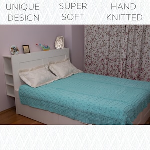 Hand Knitted Blanket Turquoise, Super Soft Blanket 94x83,  Mom Gift, Unique Valentines Gifts