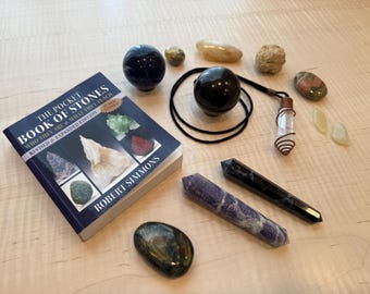 Crystal Collection Bundle – Sodalite, Shungite, Labradorite, Lepidolite, Larvikite, Quartz Pendant + Crystal Guide Book