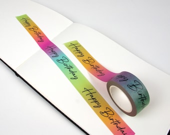 Happy Birthday Script Font Washi Tape | Colorful Rainbow Gradient Masking Tape | Gift Wrap Decoration