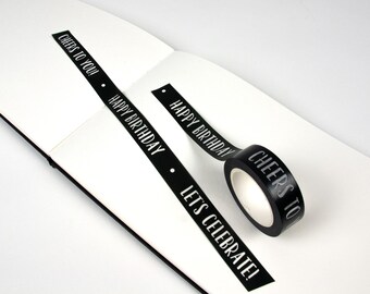 Black & White Happy Birthday Washi Tape | Masking Tape with Celebration Phrases | Party Supply