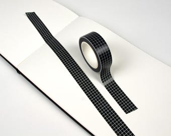 Black Washi Tape with White Grid Pattern | Decorative Masking Tape | Stationary Supplies