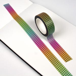 Rainbow Gradient Washi Tape with Black Grid | Colorful Crafting Embellishment | Scrapbook Masking Tape