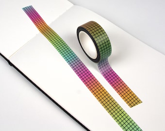 Rainbow Gradient Washi Tape with Black Grid | Colorful Crafting Embellishment | Scrapbook Masking Tape