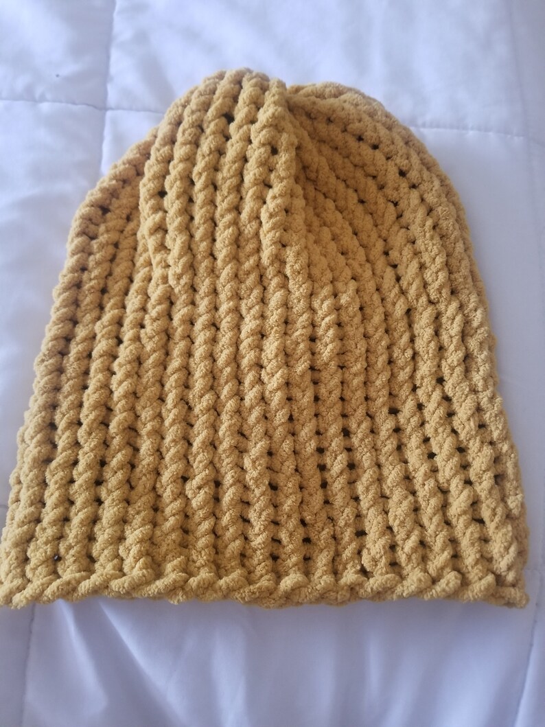Mustard yellow handmade chenille slouch beanie