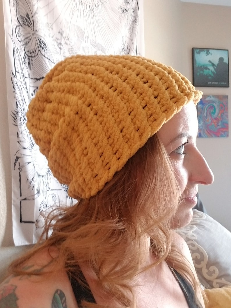 Mustard yellow handmade chenille slouch beanie
