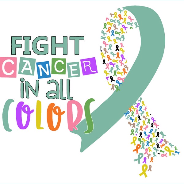 Fight Cancer in all colors clipart, instant download, Sublimation graphics, PNG, Awareness Rainbow PNG, teal ribbon, ovarian cancer, ribbon