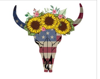Bull Skull USA Sunflowers clipart, American flag, patriotic, instant download, Sublimation graphics, PNG , USA flag, american flag, merica