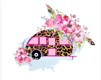 Leopard Floral Trailer clipart, instant download, camper, camping, Sublimation graphics, png, Camper with flowers clipart, flowers,