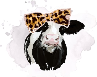 Heifer PNG, Cute cow with bandana, cow lick, bow, tongue, heifer,digital download, clip art,PNG, JPG, cow watercolor