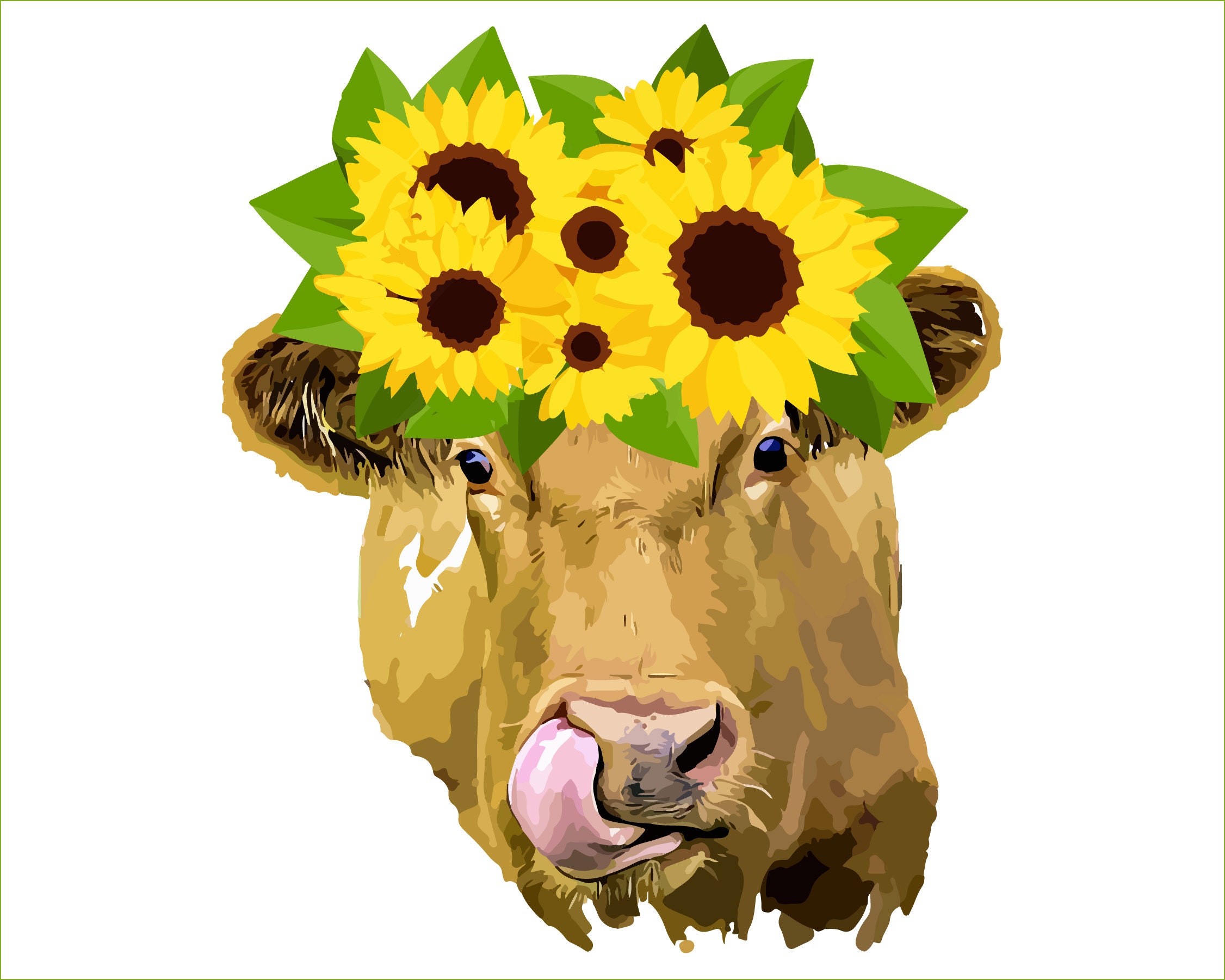 instant digital download farm animals Highland cow with sunflowers clipart PNG floral crown cow with flowers hand drawn graphics Heifer