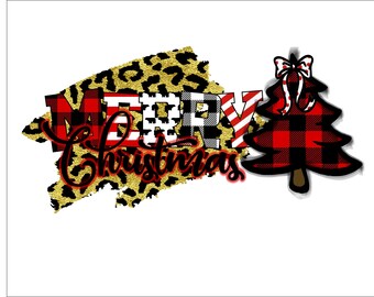 Rustic Buffalo Plaid and Leopard Print Merry Christmas Sublimation Design, merry christmas