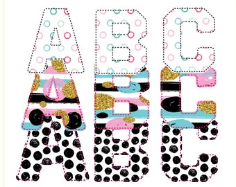 THREE COMPLETE ALPHABETS! Digital Plaid Preppy Pattern Patch Faux Applique Alphabet Font with Stripes and Dots