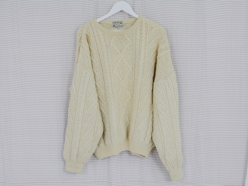 Wool sweater JEAN PAUL fisherman pullover warm winter white beige vintage cozy menswear oversized XL