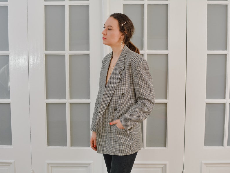 GIRARD blazer wool Vintage 80/'s checkered gray lined coat tartan wool jacket retro double breasted menswear ML