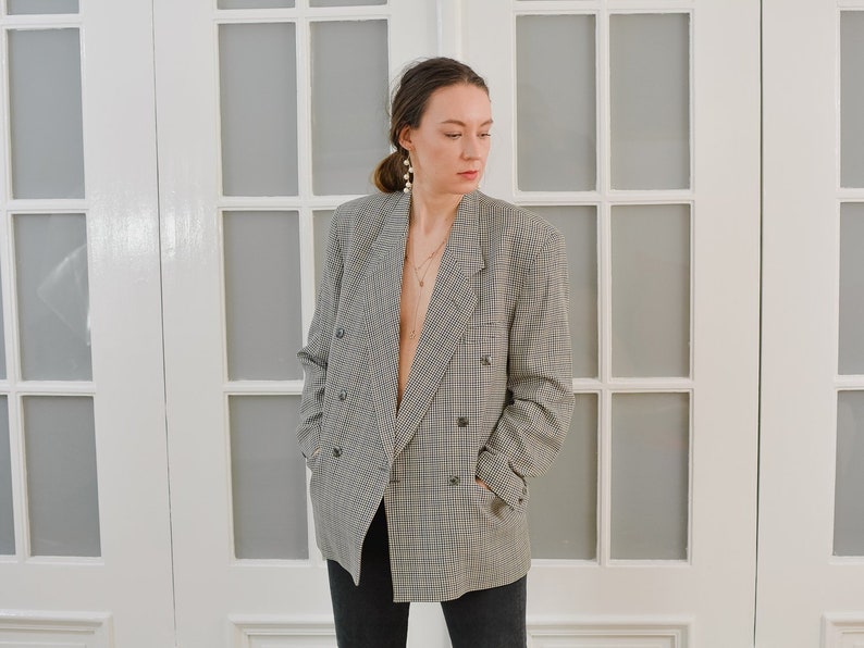 GIRARD blazer wool Vintage 80/'s checkered gray lined coat tartan wool jacket retro double breasted menswear ML