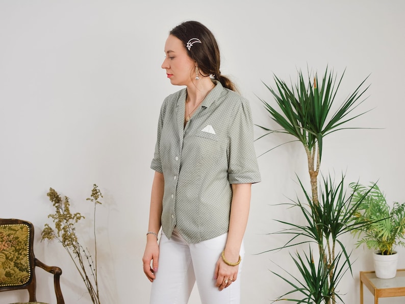 Polka dots shirt gray short sleeve Vintage 90s white dotted beige mod blouse Printed top button up down shoulder pads LXL