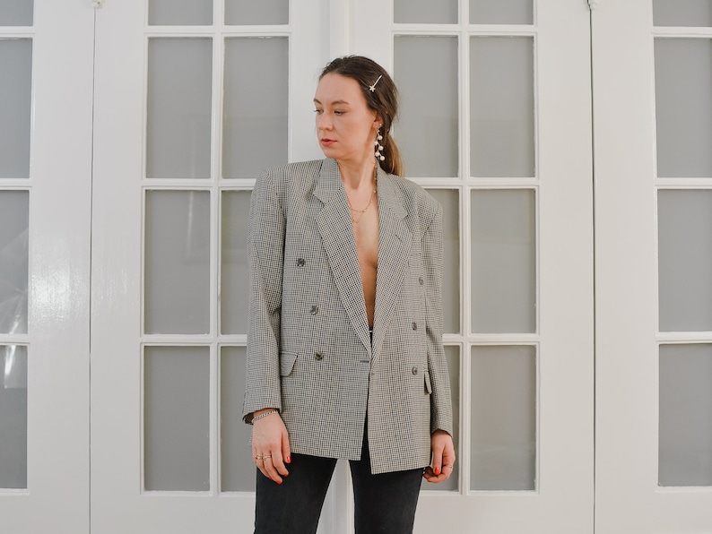 GIRARD blazer wool Vintage 80/'s checkered gray lined coat tartan wool jacket retro double breasted menswear ML