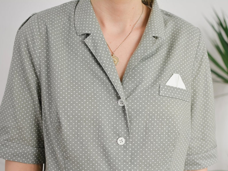 Polka dots shirt gray short sleeve Vintage 90s white dotted beige mod blouse Printed top button up down shoulder pads LXL