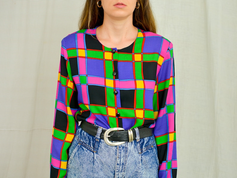 Retro shirt 80/'s vintage printed blouse women black purple rainbow long sleeve geometric button up down padded shoulders LXL