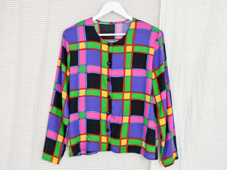 Retro shirt 80/'s vintage printed blouse women black purple rainbow long sleeve geometric button up down padded shoulders LXL